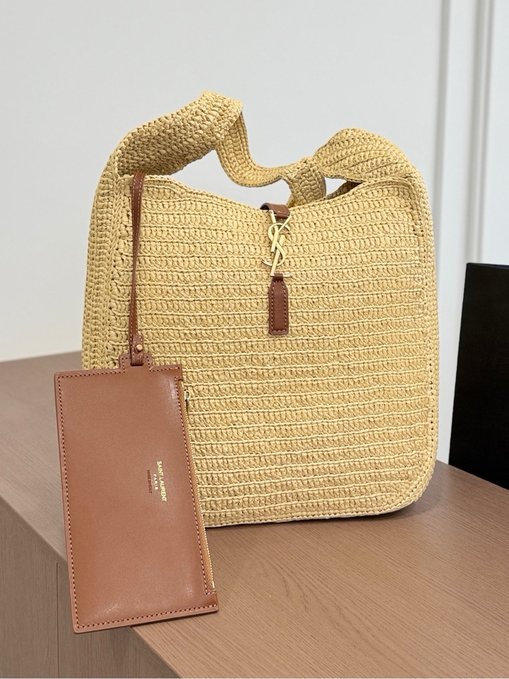 Yves Saint Laurent Straw Shoulder Bag in Natural with Brown Pouch